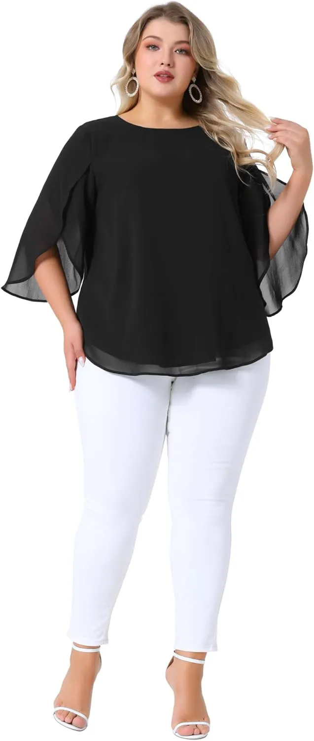Agnes Orinda Plus Size Blouses for Women Flutter Petal Half 3/4 Sleeve Chiffon Top Loose Flowy Shirt Summer Blouse Top