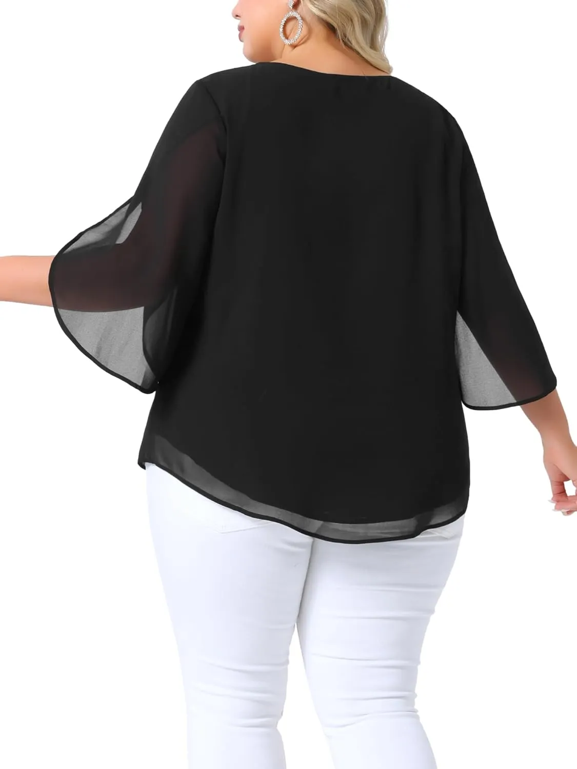 Agnes Orinda Plus Size Blouses for Women Flutter Petal Half 3/4 Sleeve Chiffon Top Loose Flowy Shirt Summer Blouse Top