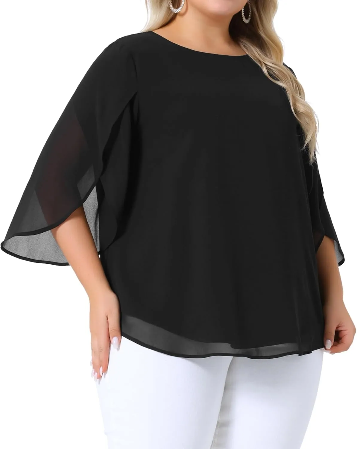 Agnes Orinda Plus Size Blouses for Women Flutter Petal Half 3/4 Sleeve Chiffon Top Loose Flowy Shirt Summer Blouse Top