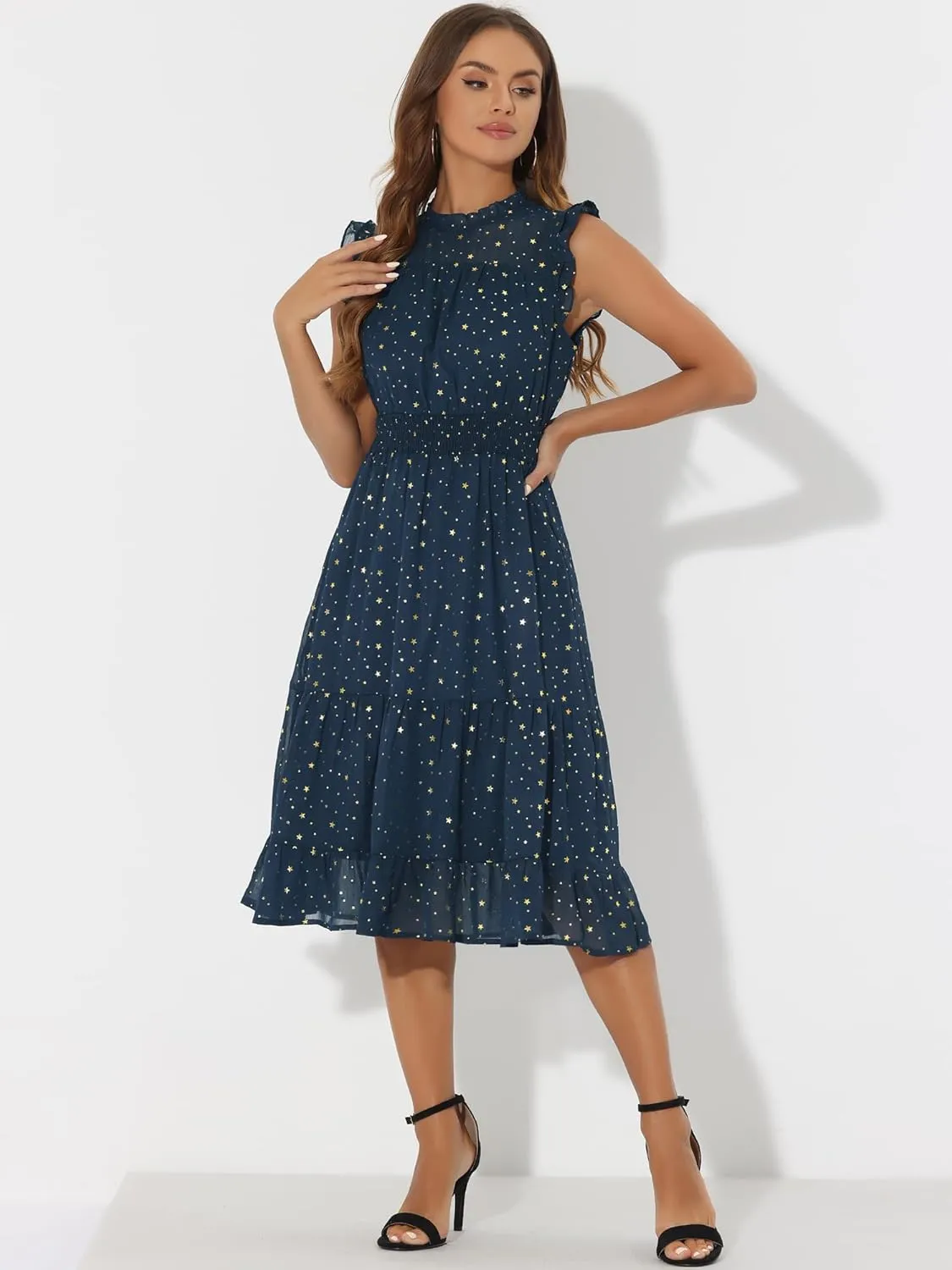Allegra K Casual Chiffon Midi Dress for Women's Sleeveless Smocked Waist Gilding Metallic Stars Party Dresses