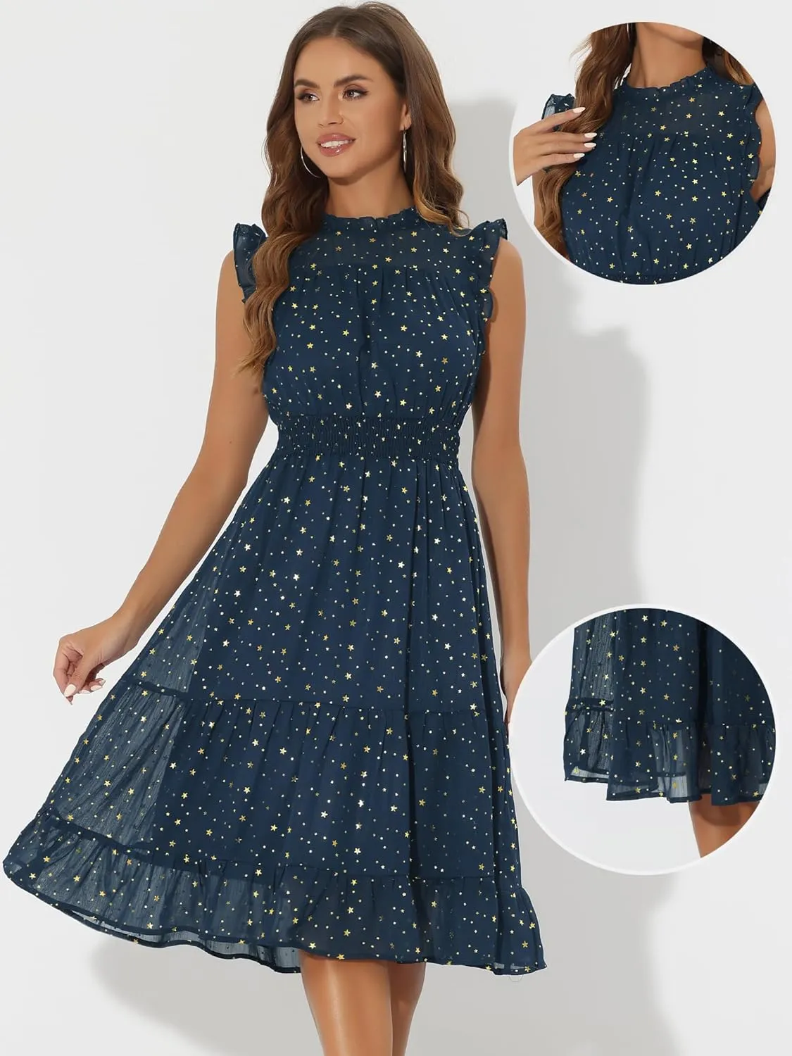 Allegra K Casual Chiffon Midi Dress for Women's Sleeveless Smocked Waist Gilding Metallic Stars Party Dresses