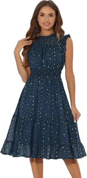 Allegra K Casual Chiffon Midi Dress for Women's Sleeveless Smocked Waist Gilding Metallic Stars Party Dresses