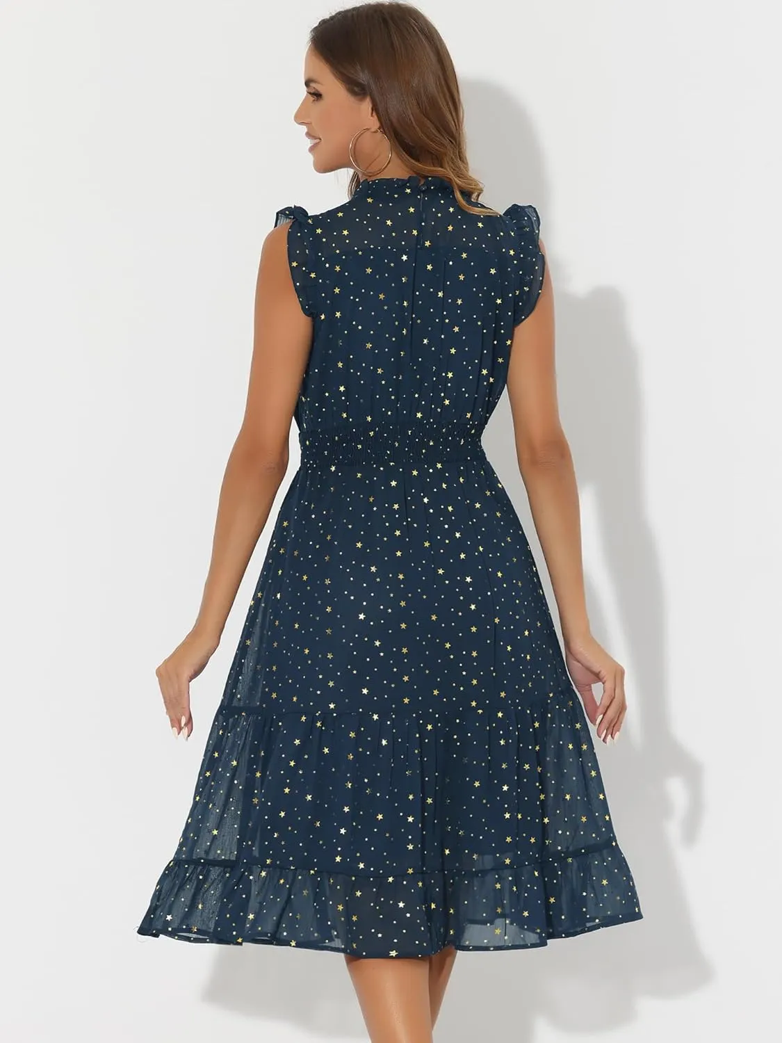 Allegra K Casual Chiffon Midi Dress for Women's Sleeveless Smocked Waist Gilding Metallic Stars Party Dresses