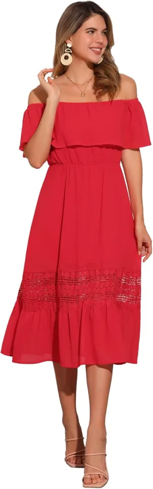 Allegra K Women's Off Shoulder Ruffle Sleeve Lace Insert Chiffon Casual Beach Vacation Midi Dress