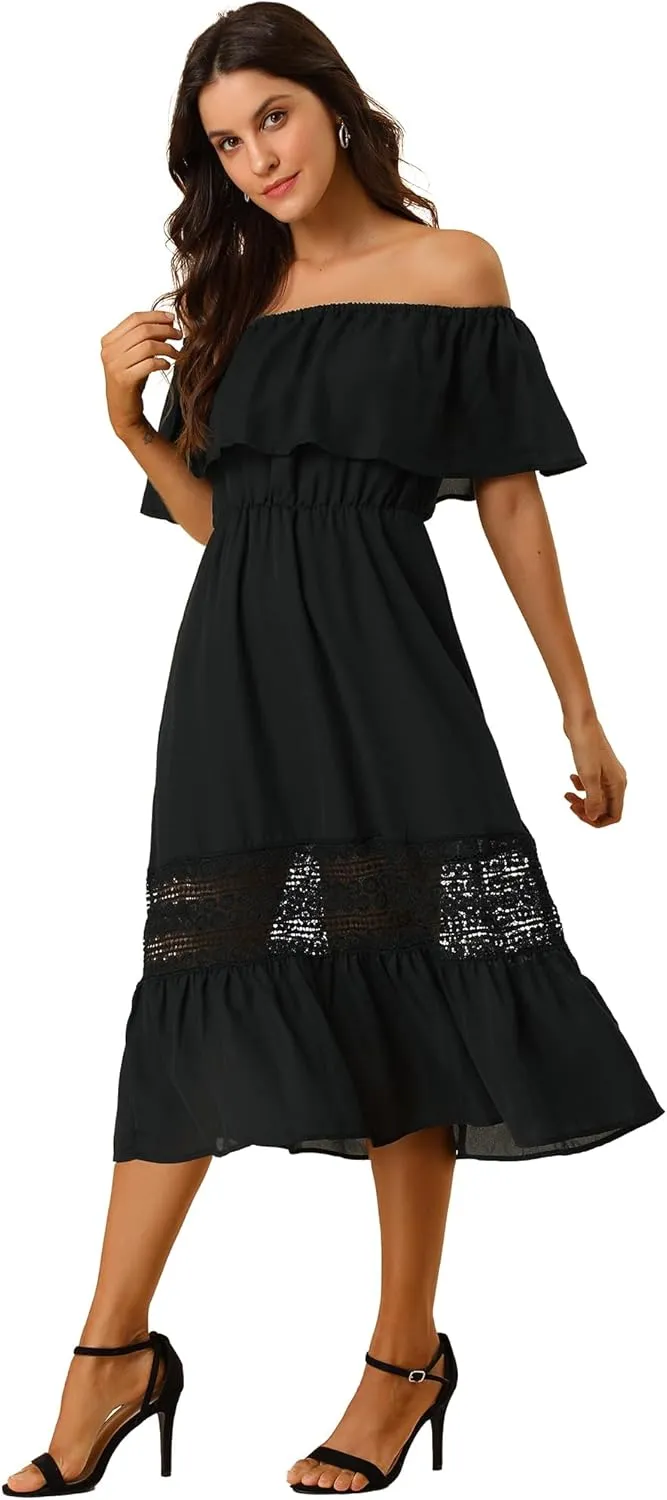 Allegra K Women's Off Shoulder Ruffle Sleeve Lace Insert Chiffon Casual Beach Vacation Midi Dress