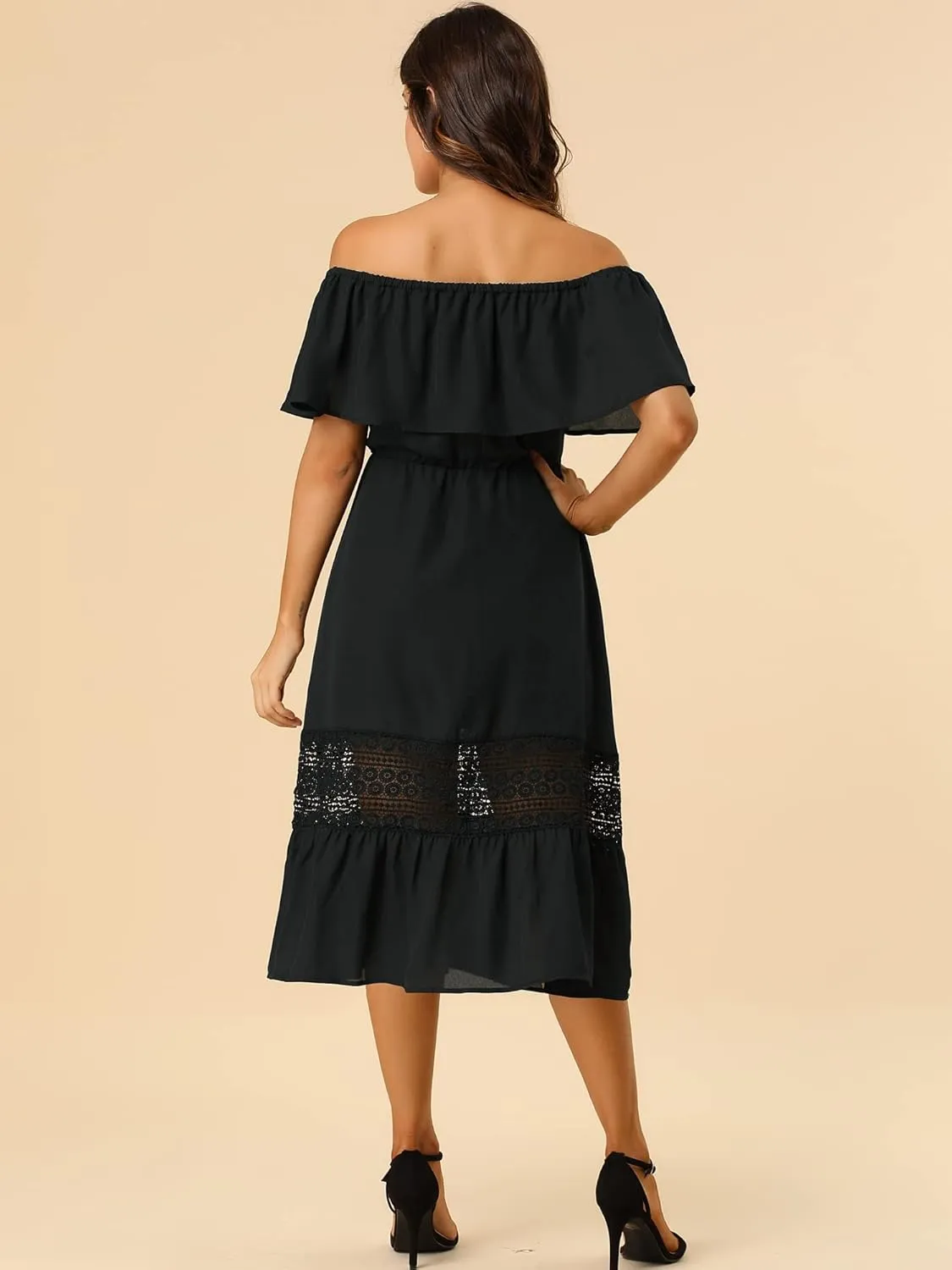 Allegra K Women's Off Shoulder Ruffle Sleeve Lace Insert Chiffon Casual Beach Vacation Midi Dress