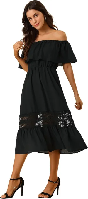 Allegra K Women's Off Shoulder Ruffle Sleeve Lace Insert Chiffon Casual Beach Vacation Midi Dress