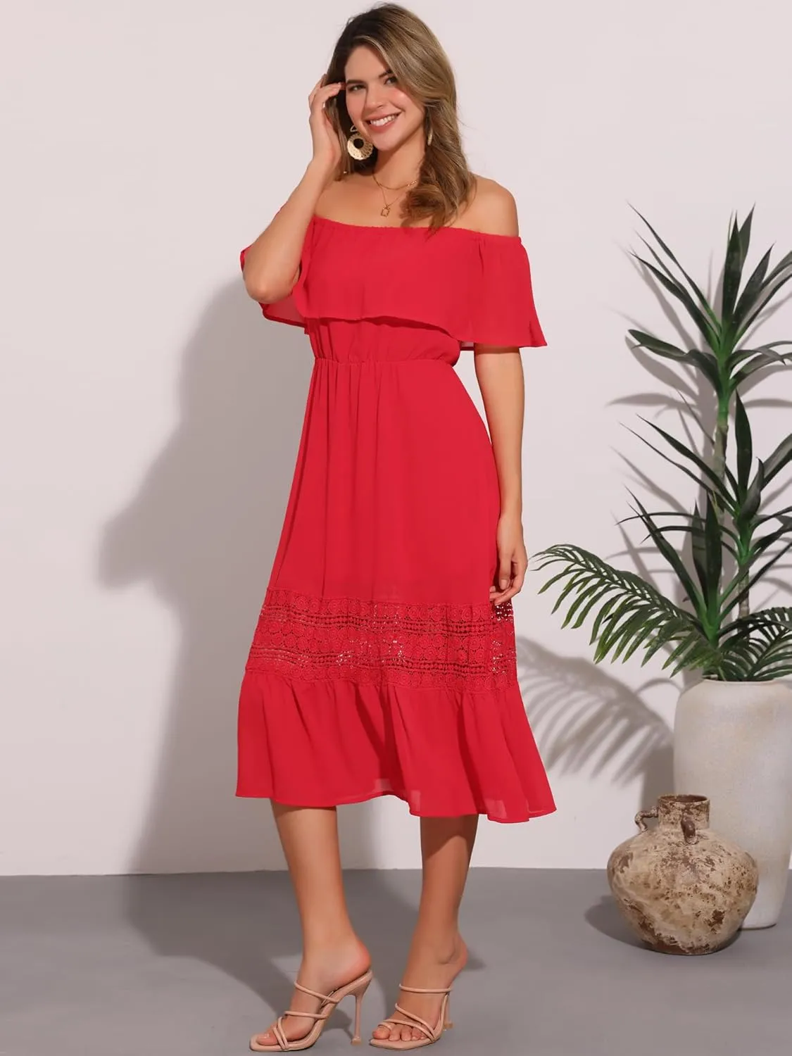 Allegra K Women's Off Shoulder Ruffle Sleeve Lace Insert Chiffon Casual Beach Vacation Midi Dress