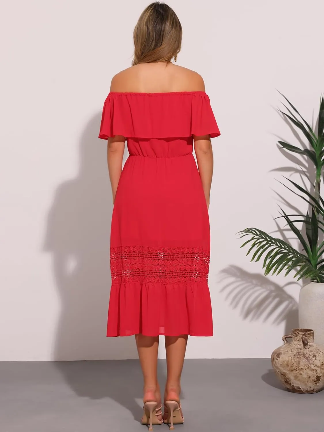 Allegra K Women's Off Shoulder Ruffle Sleeve Lace Insert Chiffon Casual Beach Vacation Midi Dress