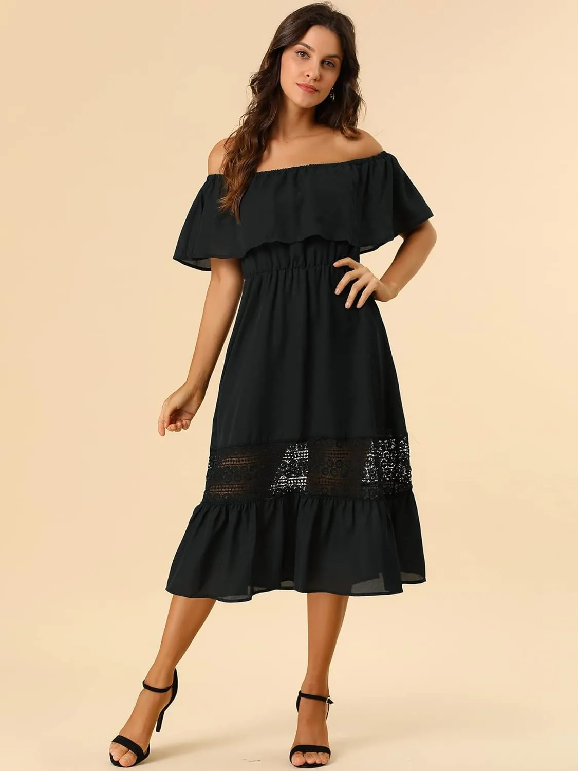 Allegra K Women's Off Shoulder Ruffle Sleeve Lace Insert Chiffon Casual Beach Vacation Midi Dress