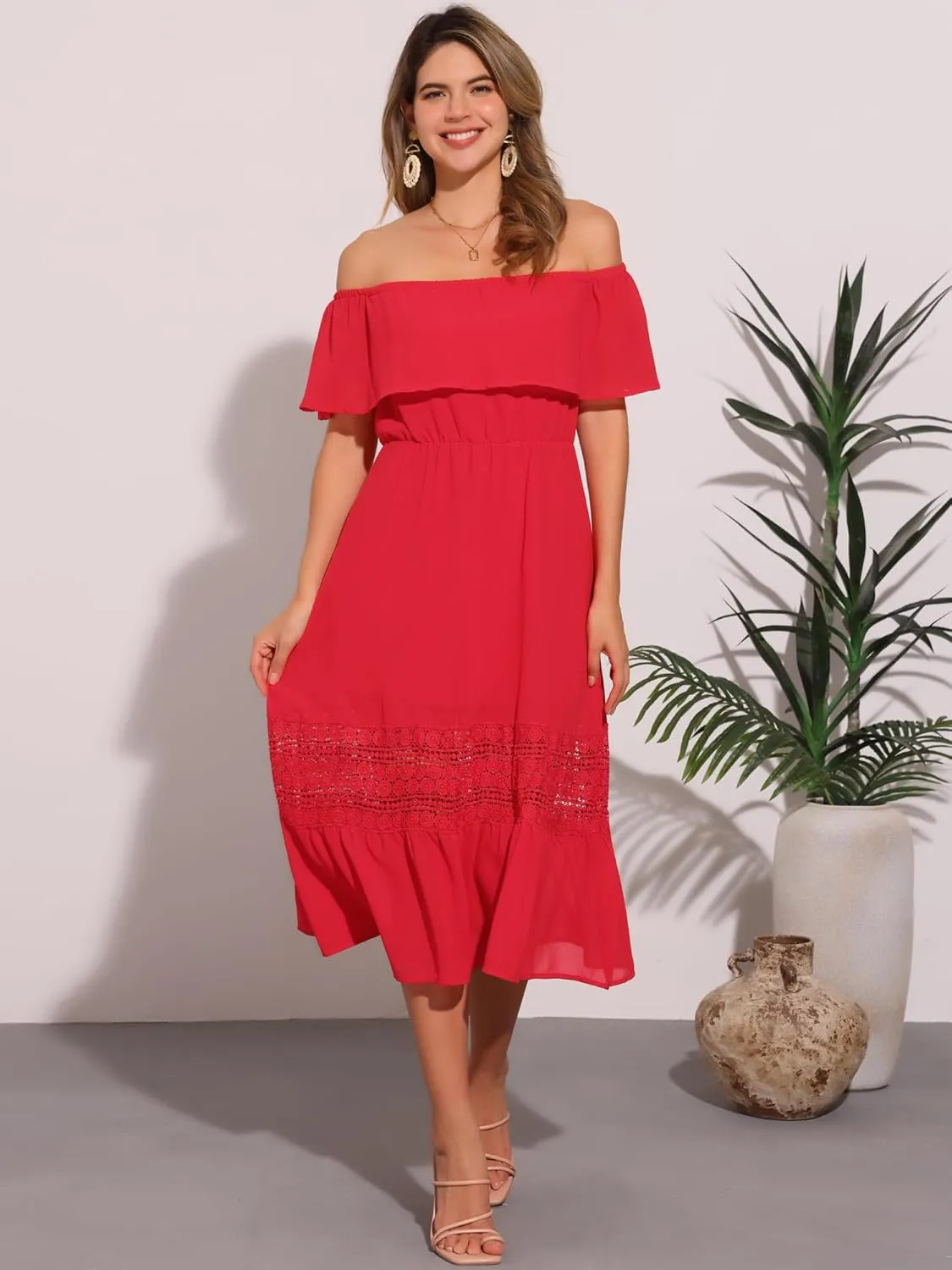 Allegra K Women's Off Shoulder Ruffle Sleeve Lace Insert Chiffon Casual Beach Vacation Midi Dress