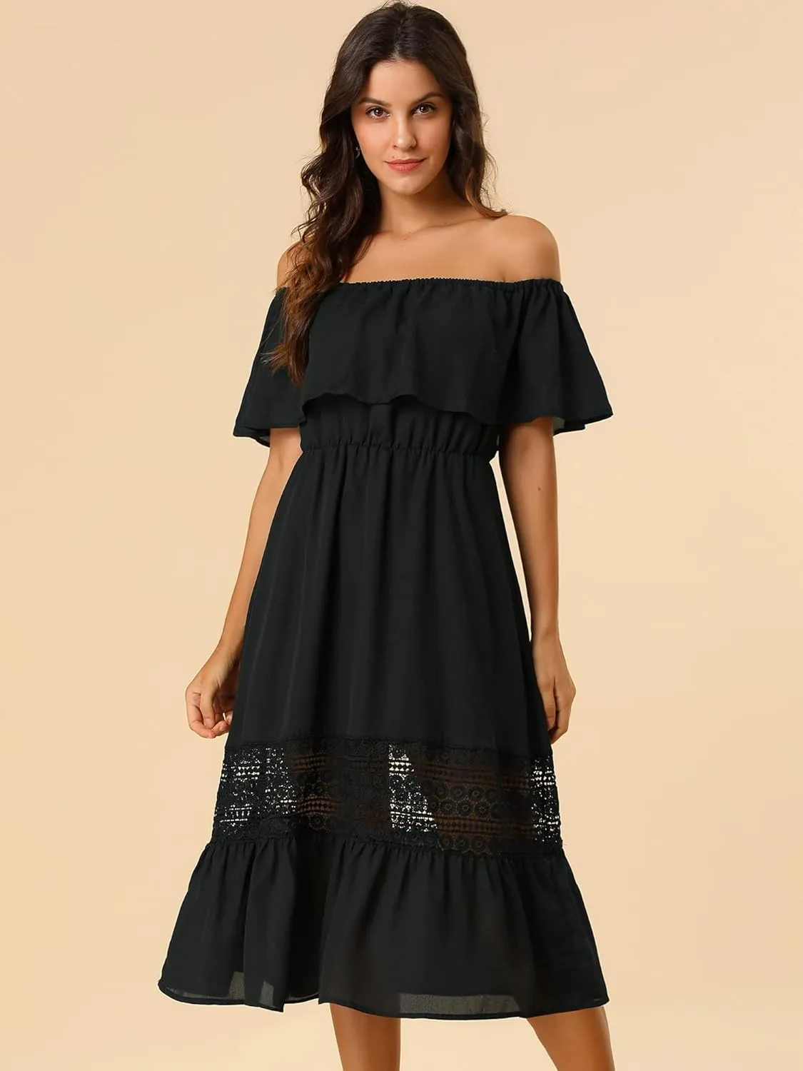 Allegra K Women's Off Shoulder Ruffle Sleeve Lace Insert Chiffon Casual Beach Vacation Midi Dress