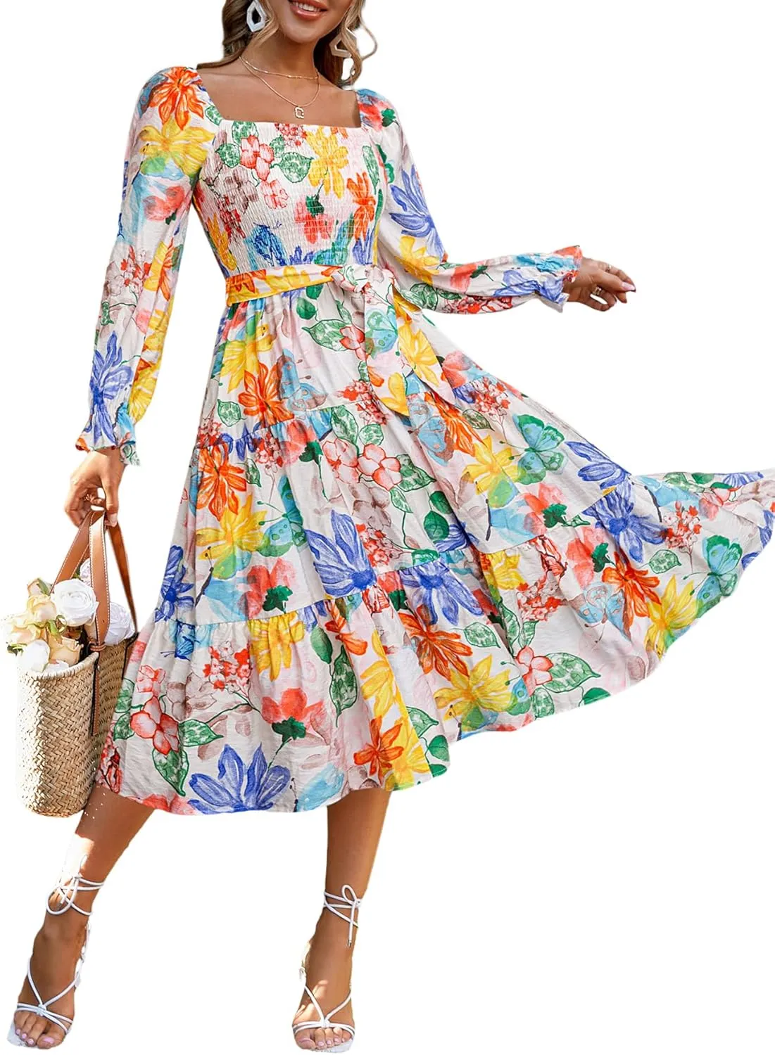 Amegoya Women's Boho Flowy Long Sleeve Square Neck Floral Midi Dress Smocked Spring Fall Wedding Guest Dresses