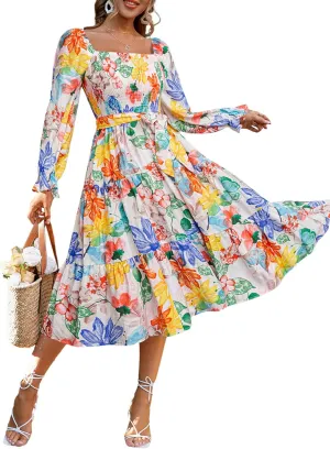 Amegoya Women's Boho Flowy Long Sleeve Square Neck Floral Midi Dress Smocked Spring Fall Wedding Guest Dresses