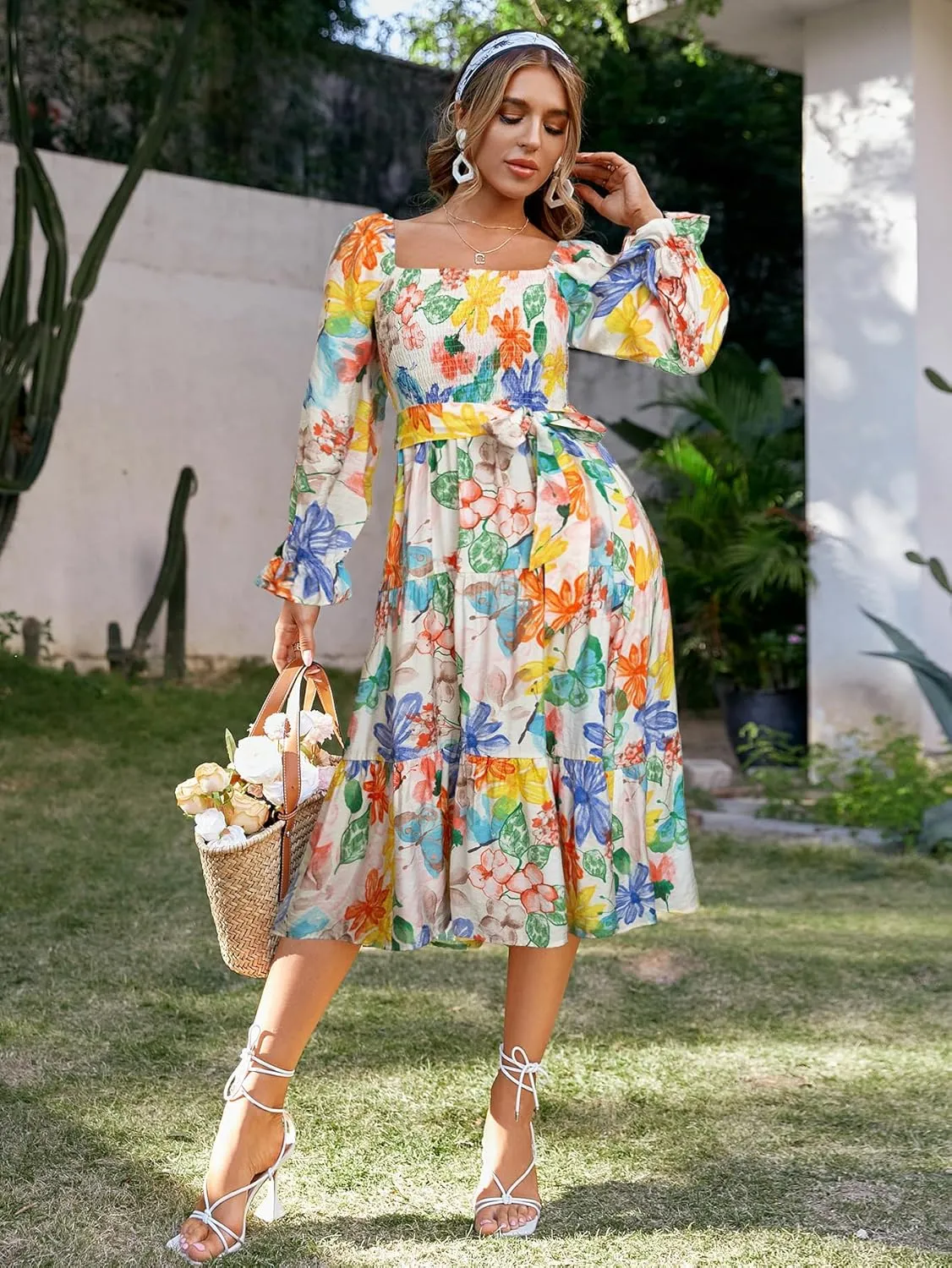 Amegoya Women's Boho Flowy Long Sleeve Square Neck Floral Midi Dress Smocked Spring Fall Wedding Guest Dresses