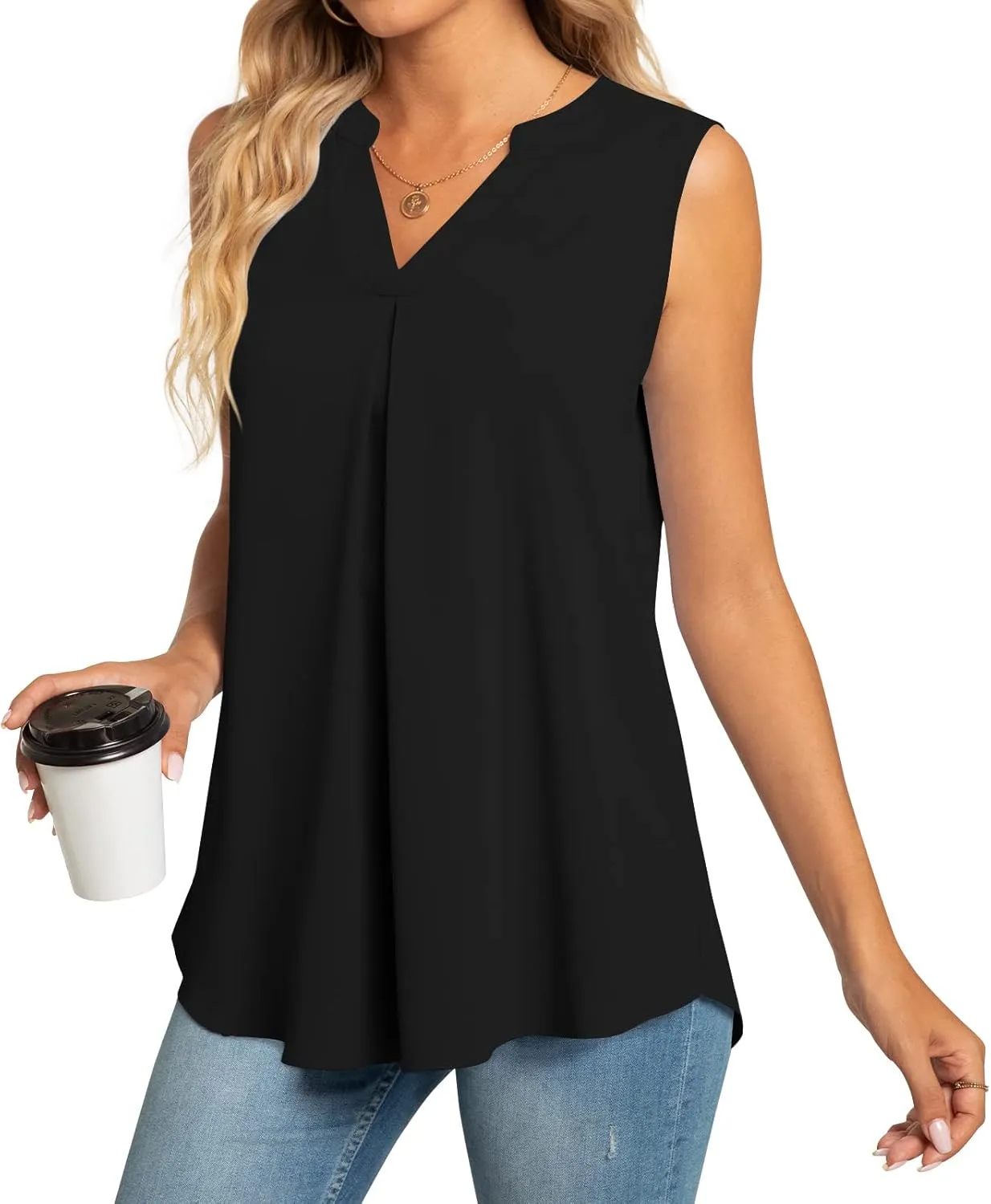 Anyhold Women's Chiffon Tank Tops Sleeveless V Neck Blouse Dressy Casual Tops Office Work Shirts