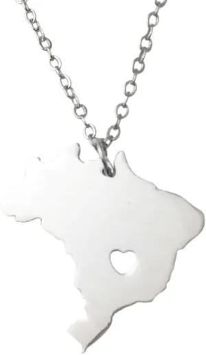 Art Attack Stainless Steel Love Brazil Chain Necklace, Brasilia Rio de Janeiro Map Brasil Portuguese Heart Charm Pendant (Silver)