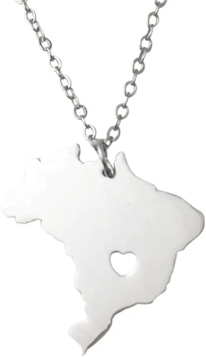 Art Attack Stainless Steel Love Brazil Chain Necklace, Brasilia Rio de Janeiro Map Brasil Portuguese Heart Charm Pendant (Silver)