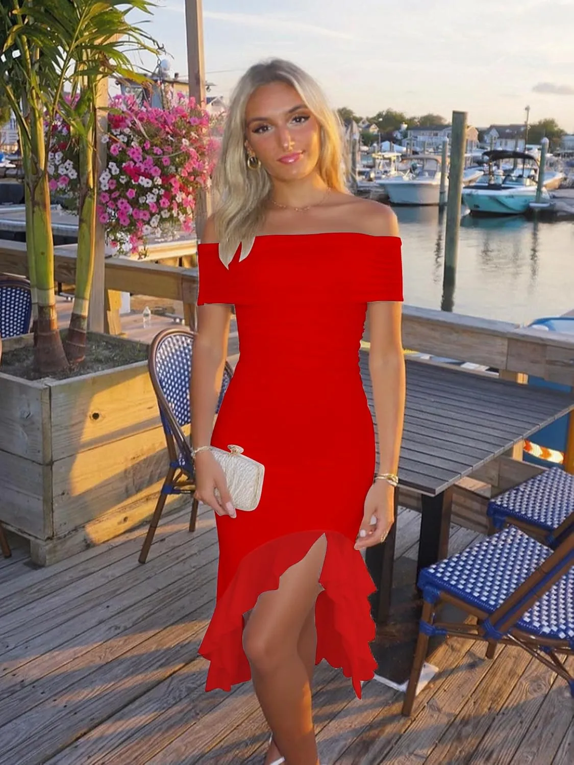BORIFLORS Women's Sexy Off The Shoulder Bodycon Midi Dresses Elegant Ruched Ruffle Hem Cocktail Party Dress
