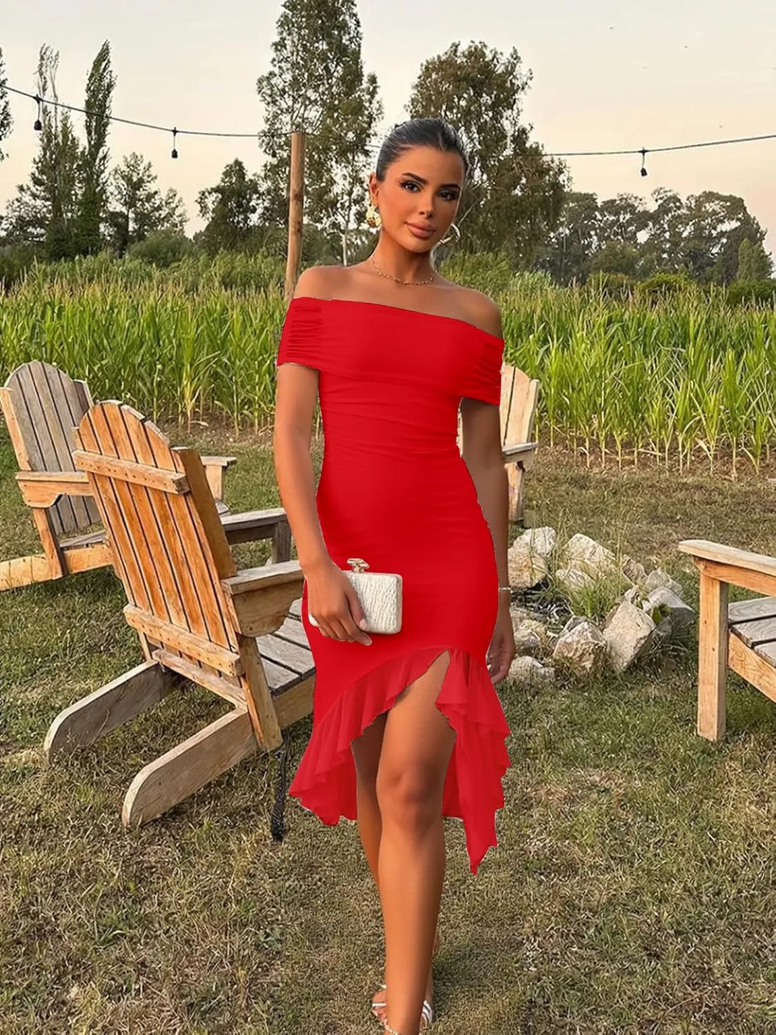 BORIFLORS Women's Sexy Off The Shoulder Bodycon Midi Dresses Elegant Ruched Ruffle Hem Cocktail Party Dress