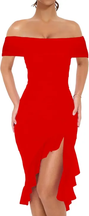 BORIFLORS Women's Sexy Off The Shoulder Bodycon Midi Dresses Elegant Ruched Ruffle Hem Cocktail Party Dress