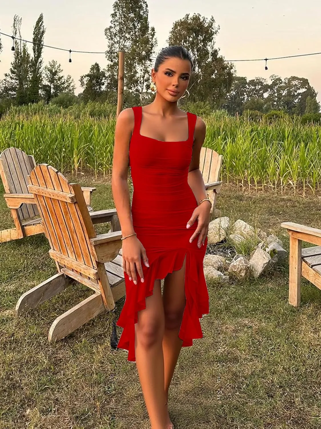 BORIFLORS Women's Sexy Ruched Bodycon Midi Dresses Square Neck Sleeveless Ruffle Hem Club Party Tank Dress