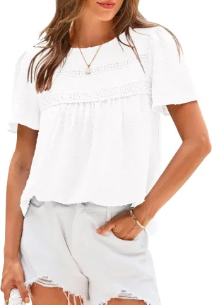 BTFBM Women's 2025 Summer Tops Swiss Dot Lace Crochet Crewneck Short Sleeve Casual Cute Shirts Boho Blouses