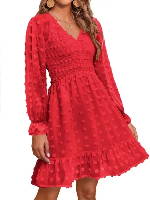 BTFBM Womens Dresses Casual V Neck Long Sleeve Swiss Dot Ruffle Chiffon Flowy Smocked Mini Summer Fall Dresses 2025