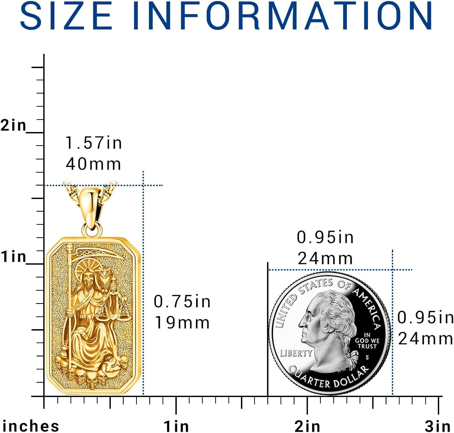 Eusense La Santa Muerte Necklace for Men Women - Gold 14K 925 Sterling Silver Jewelry Cadena De La Santa Muerte Pendant Grim Reaper Scythe Skull Owl Grim Reaper Necklace