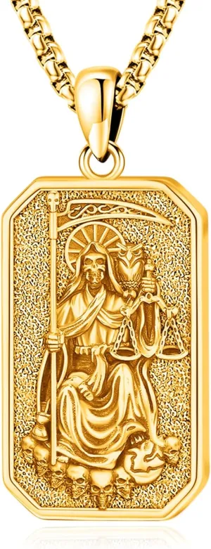 Eusense La Santa Muerte Necklace for Men Women - Gold 14K 925 Sterling Silver Jewelry Cadena De La Santa Muerte Pendant Grim Reaper Scythe Skull Owl Grim Reaper Necklace
