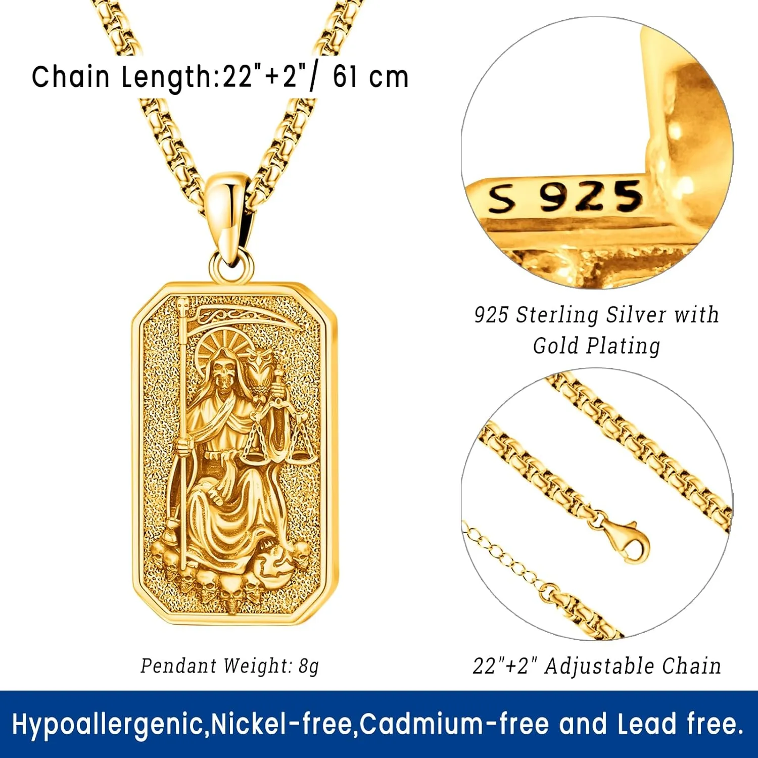 Eusense La Santa Muerte Necklace for Men Women - Gold 14K 925 Sterling Silver Jewelry Cadena De La Santa Muerte Pendant Grim Reaper Scythe Skull Owl Grim Reaper Necklace