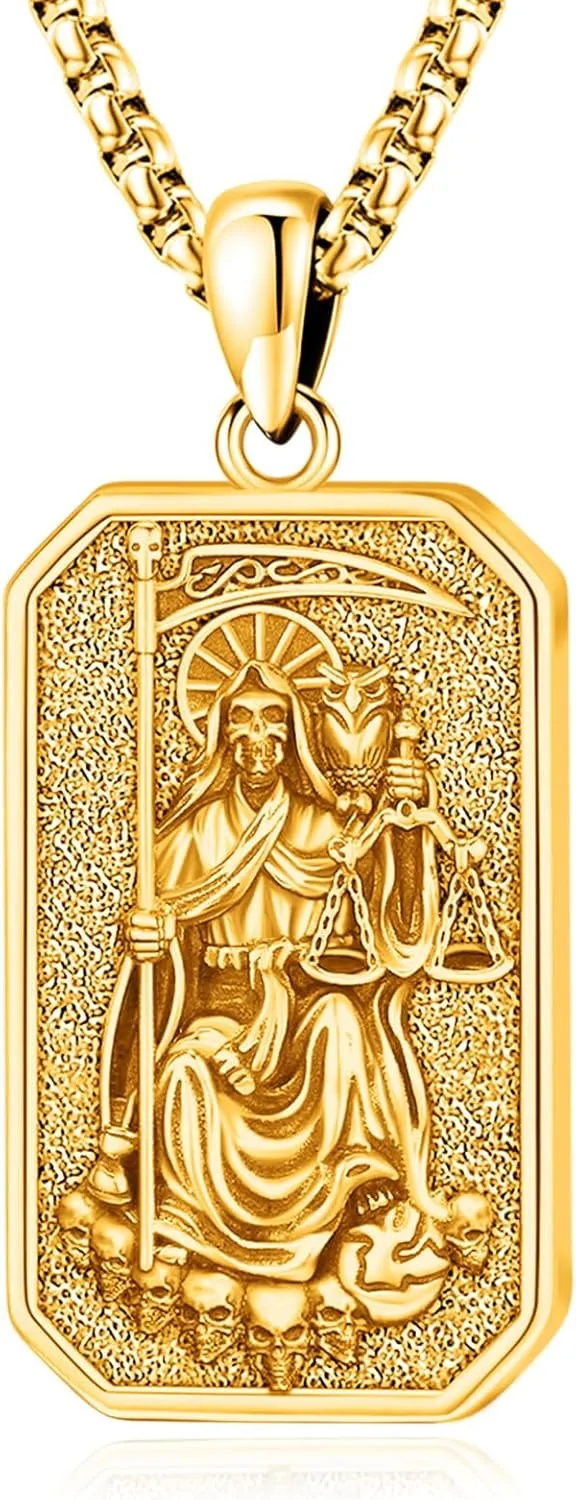 Eusense La Santa Muerte Necklace for Men Women - Gold 14K 925 Sterling Silver Jewelry Cadena De La Santa Muerte Pendant Grim Reaper Scythe Skull Owl Grim Reaper Necklace
