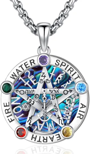 Eusense Tetragrammaton Necklace for Women Men Tetragrammaton De Plata 925 Pentagram Pentacle Pendant Witchcraft Wiccan Pagan Jewelry Abalone