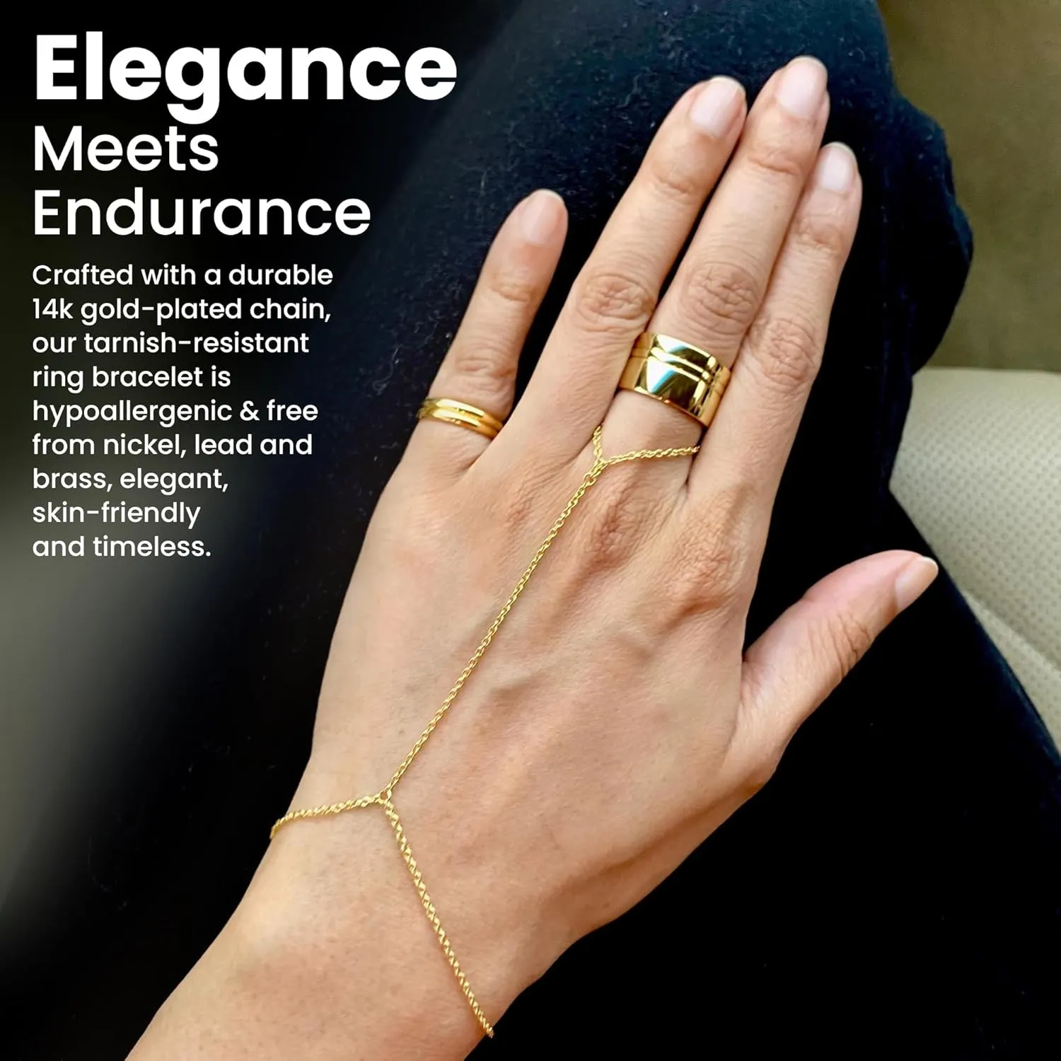 Faire de la Mode Gold Plated Bracelet Ring Hand Chain for 4-8 Ring Sizes  14k Gold Plated Sterling Silver Hand Chain Bracelet for Women  6" to 8" Adjustable Length