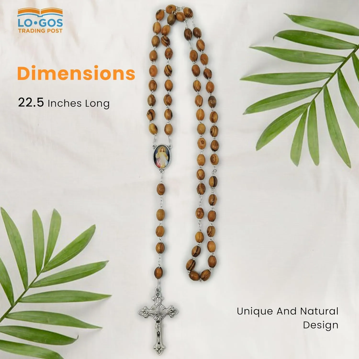 Holy Land Olive Wood Catholic Rosary from Israel, Oval Medal with Divine Mercy of Jesus Portrait and Dangling Crucifix Cross Pendant, For Men and Women, Rosario Cat??lico