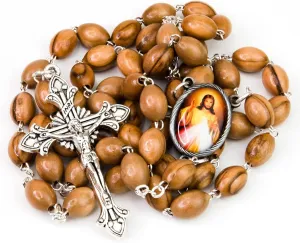 Holy Land Olive Wood Catholic Rosary from Israel, Oval Medal with Divine Mercy of Jesus Portrait and Dangling Crucifix Cross Pendant, For Men and Women, Rosario Cat??lico