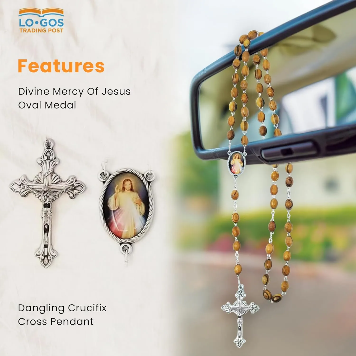 Holy Land Olive Wood Catholic Rosary from Israel, Oval Medal with Divine Mercy of Jesus Portrait and Dangling Crucifix Cross Pendant, For Men and Women, Rosario Cat??lico