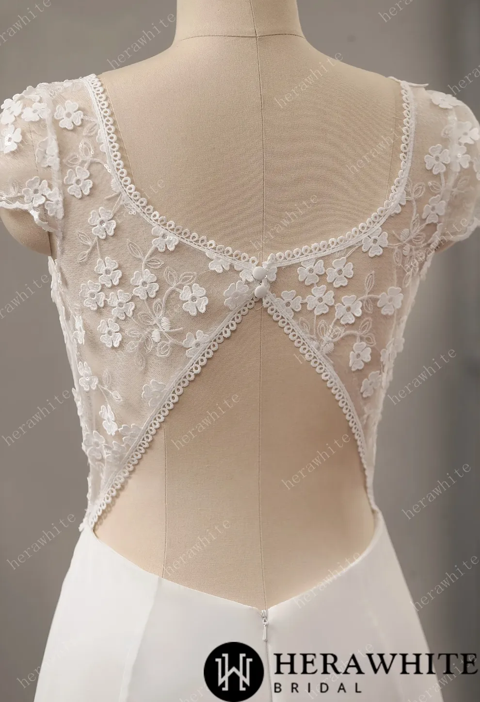 Illusion Floral Lace Wedding Dress with Chiffon Skirt