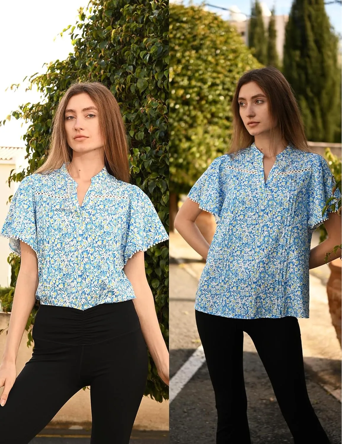 Kate Kasin Womens Tops Casual V Neck Floral Print Pleated Short Sleeve Chiffon Blouses Summer Bohemian Top Shirts