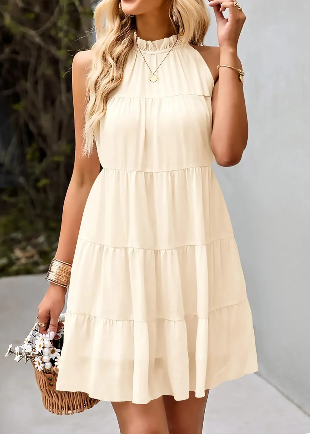 KIRUNDO Womens Summer Dresses 2025 Casual Halter Sundress Sleeveless Flowy Mini Babydoll Tiered Pleated Beach Dress