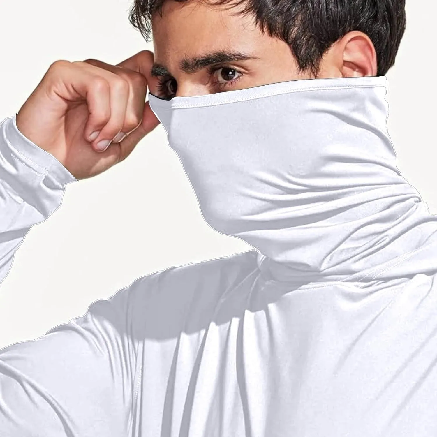 Men's Sun Protection Hoodie with Mask Men Rash Guard Performance Swim Fishing Hiking Shirt Long Sleeve Shirt