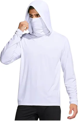 Men's Sun Protection Hoodie with Mask Men Rash Guard Performance Swim Fishing Hiking Shirt Long Sleeve Shirt
