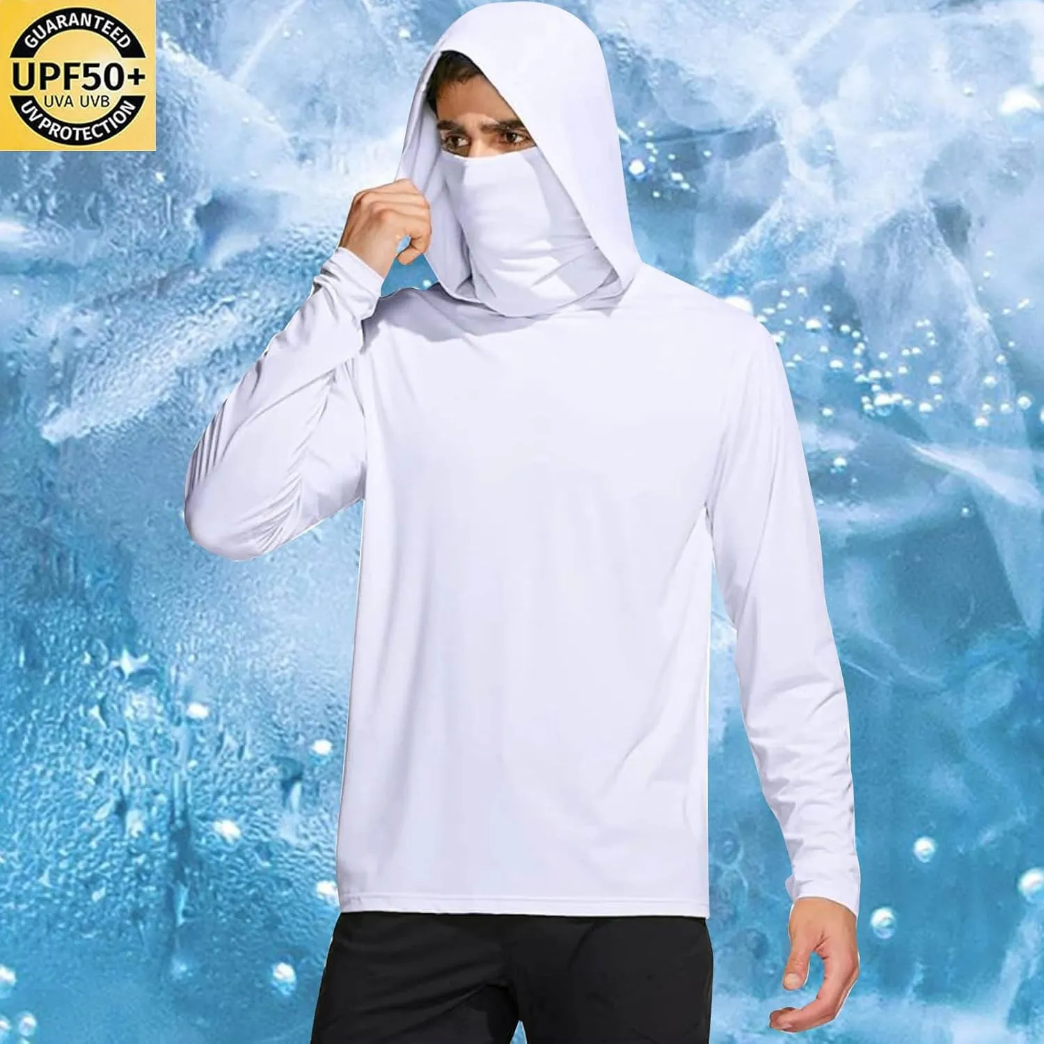 Men's Sun Protection Hoodie with Mask Men Rash Guard Performance Swim Fishing Hiking Shirt Long Sleeve Shirt
