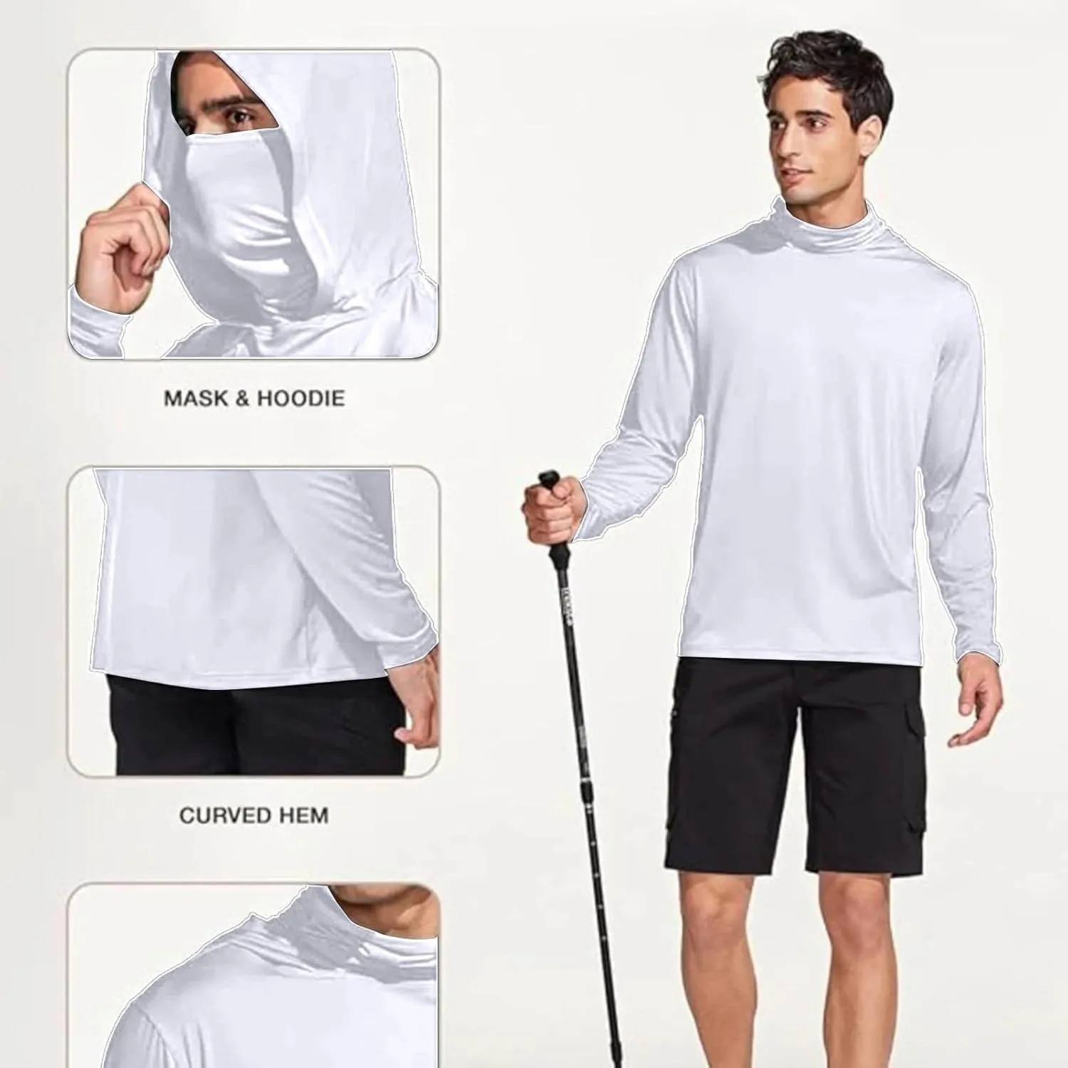 Men's Sun Protection Hoodie with Mask Men Rash Guard Performance Swim Fishing Hiking Shirt Long Sleeve Shirt