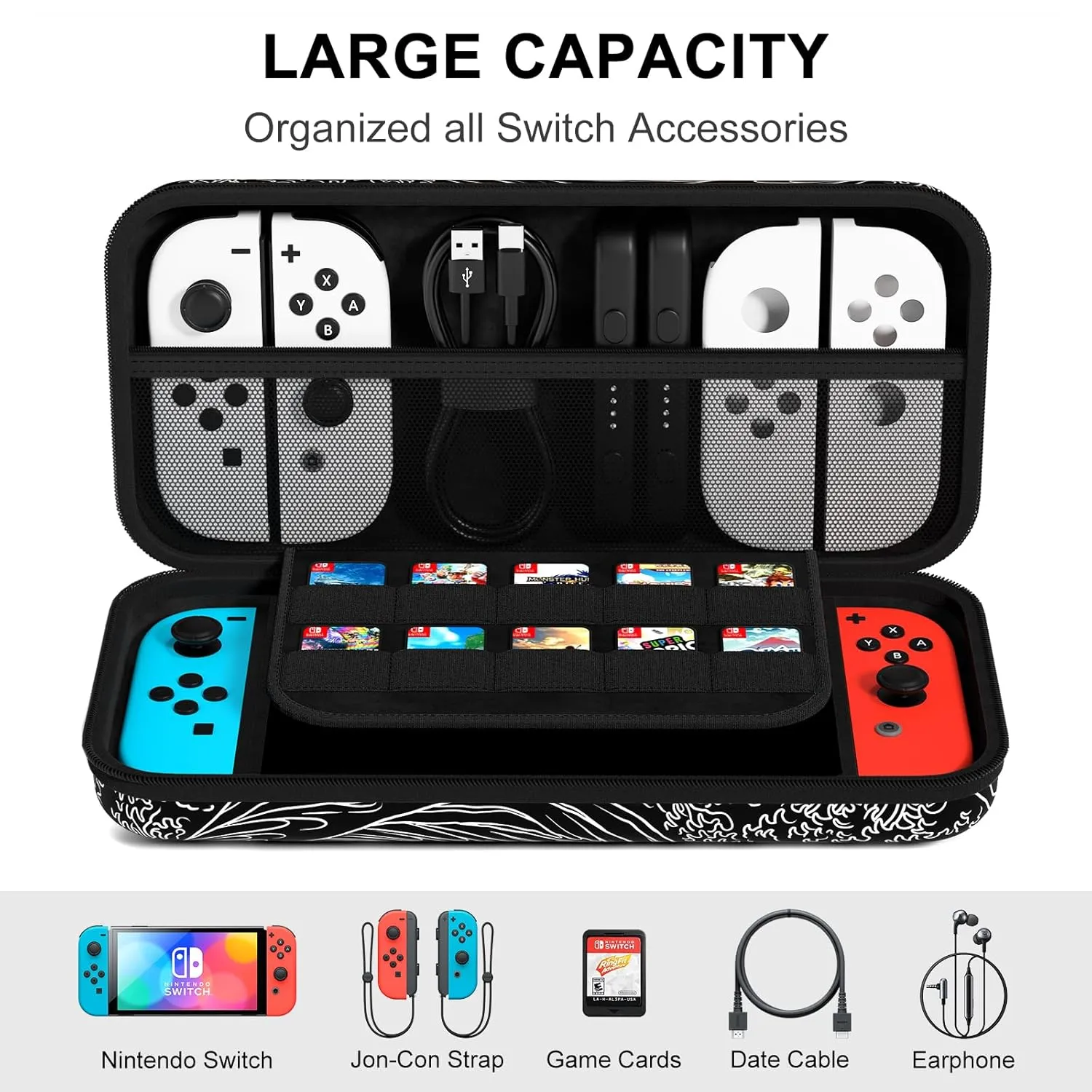 NPOOYI Carrying Case Compatible with Nintendo Switch OLED 2021/2017, Hard Shell Protective Switch Travel Case with Pockets and Game Holder for Console Joy-Con & Accessories, Waves