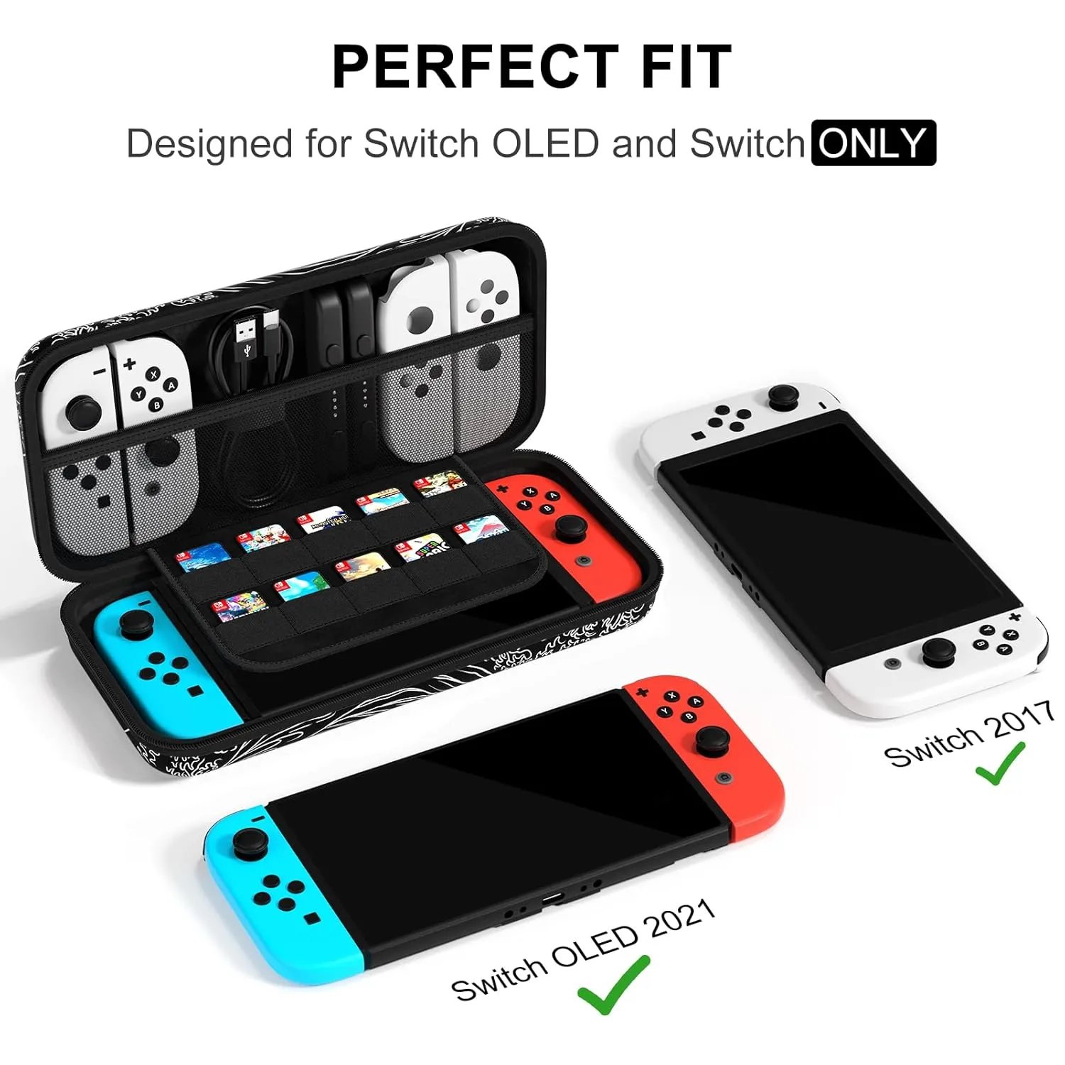 NPOOYI Carrying Case Compatible with Nintendo Switch OLED 2021/2017, Hard Shell Protective Switch Travel Case with Pockets and Game Holder for Console Joy-Con & Accessories, Waves