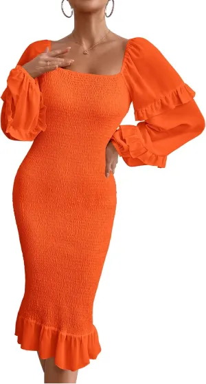 PRETTYGARDEN Women's Long Puff Sleeve Floral Midi Bodycon Dresses Square Neck Ruffle Mermaid Smocked Dress