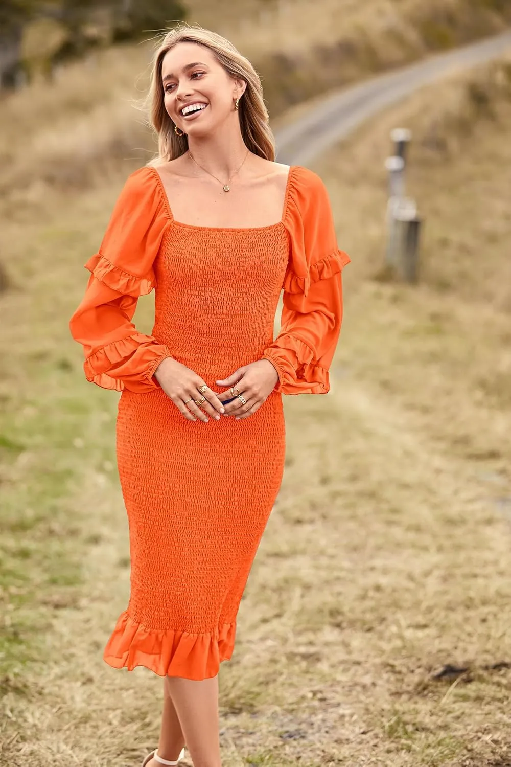 PRETTYGARDEN Women's Long Puff Sleeve Floral Midi Bodycon Dresses Square Neck Ruffle Mermaid Smocked Dress