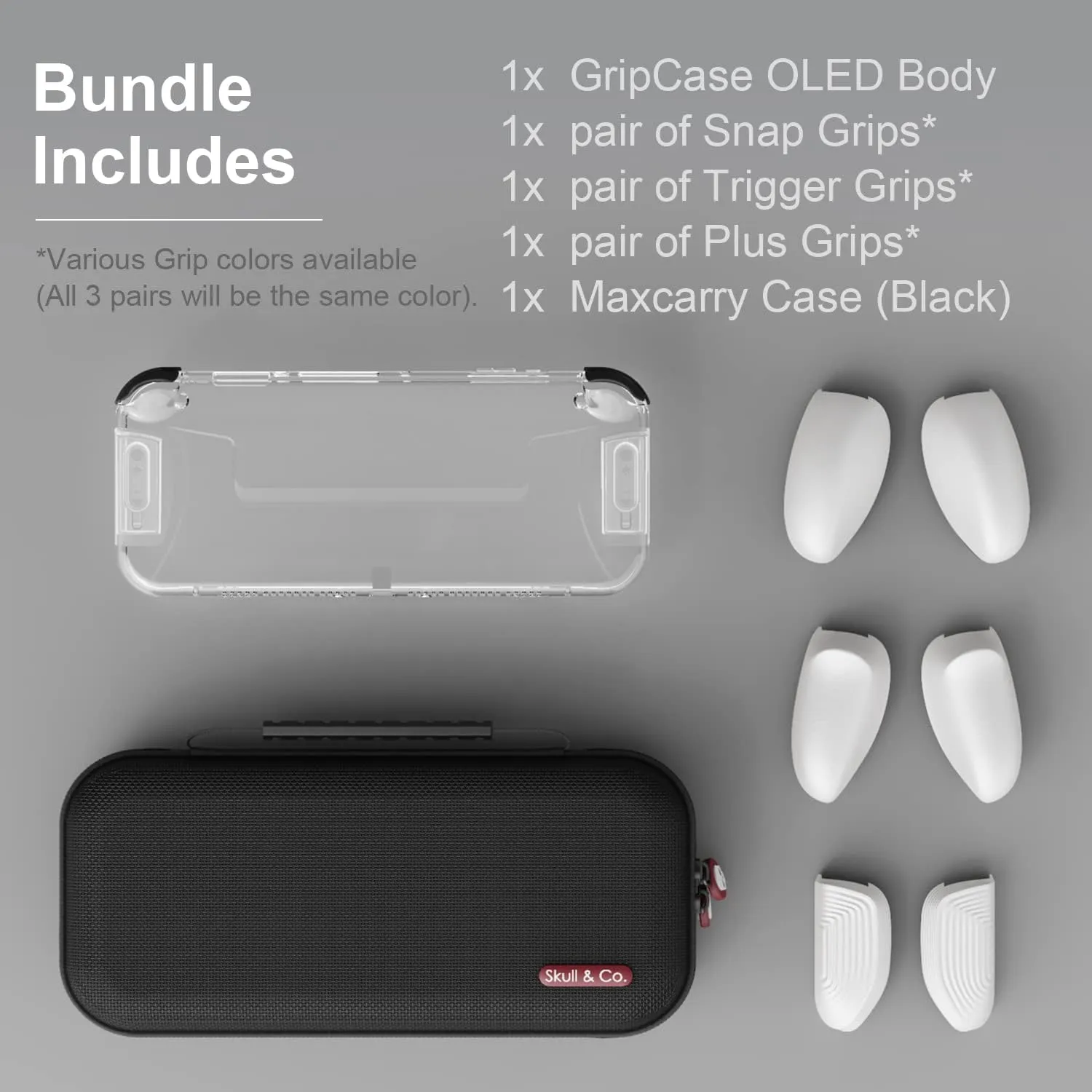 Skull & Co. GripCase OLED Bundle: A Dockable Transparent Protective Case with Replaceable Grips [to fit All Hands Sizes] for Nintendo Switch OLED Model- OLED White