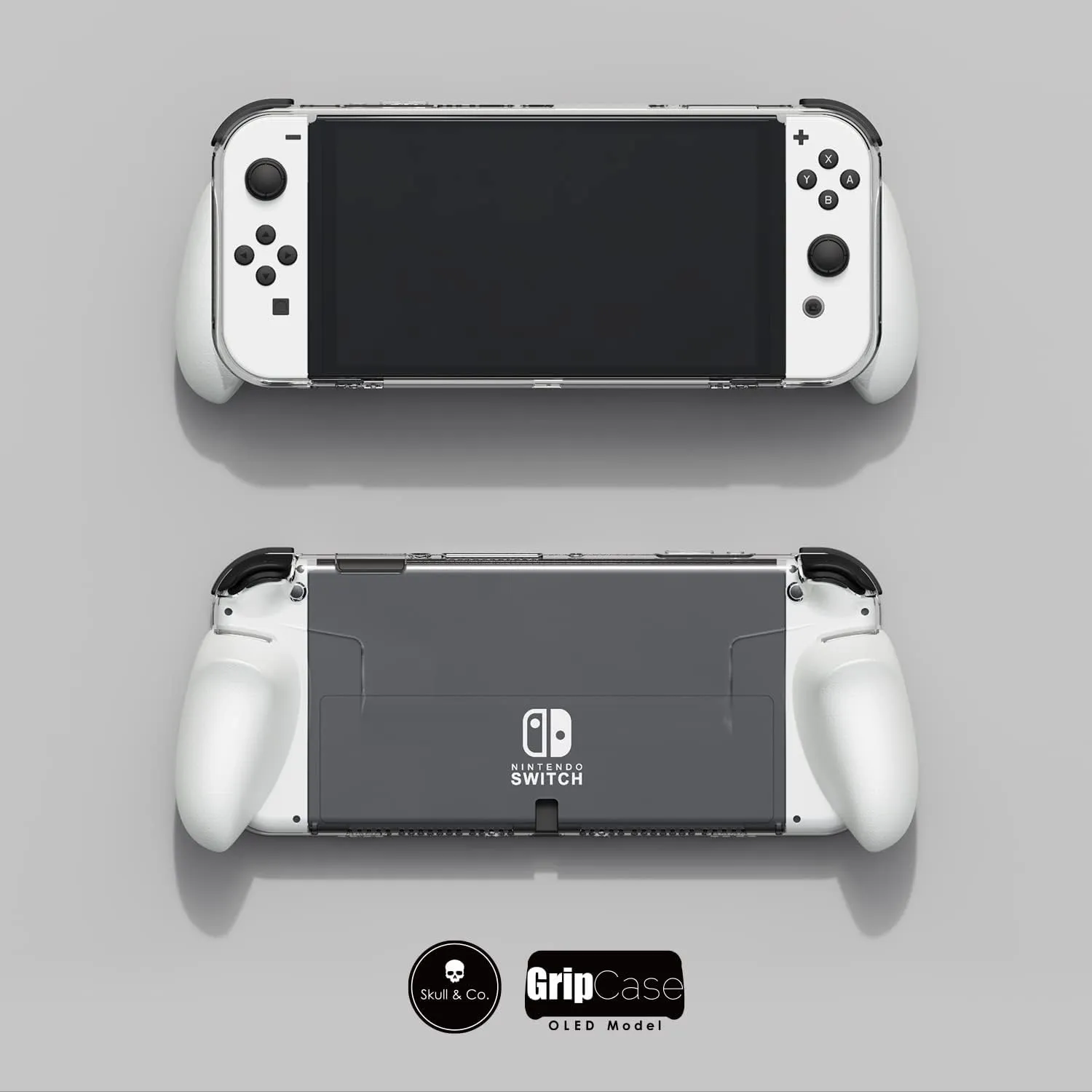 Skull & Co. GripCase OLED Bundle: A Dockable Transparent Protective Case with Replaceable Grips [to fit All Hands Sizes] for Nintendo Switch OLED Model- OLED White